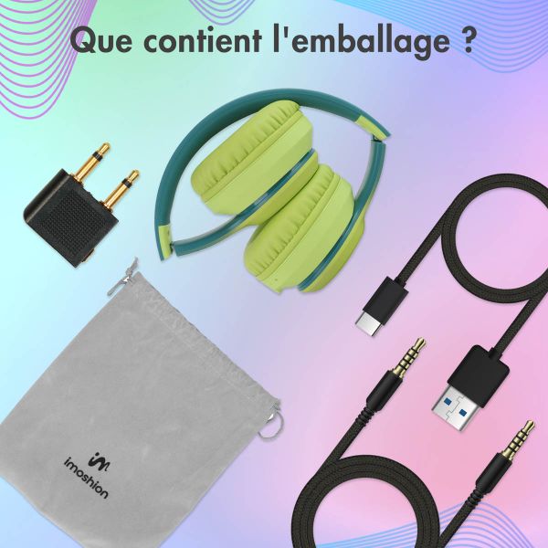 imoshion Casque pour enfants Bluetooth LED - Casque sans fil avec limiteur de décibels + Câble AUX - Petrol Green / Lime