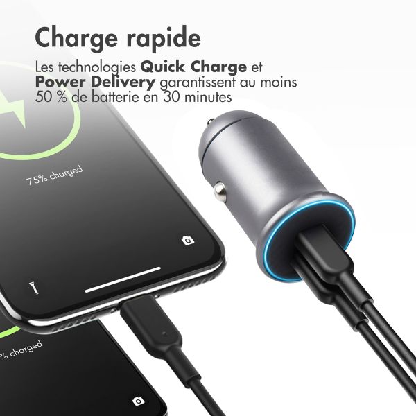 imoshion ﻿Mini chargeur de voiture - 2 ports - USB-A Quick Charge - USB-C Power Delivery - 60 Watts - Noir + Câble USB-A vers USB-C tressé - 0,5 mètre - Noir