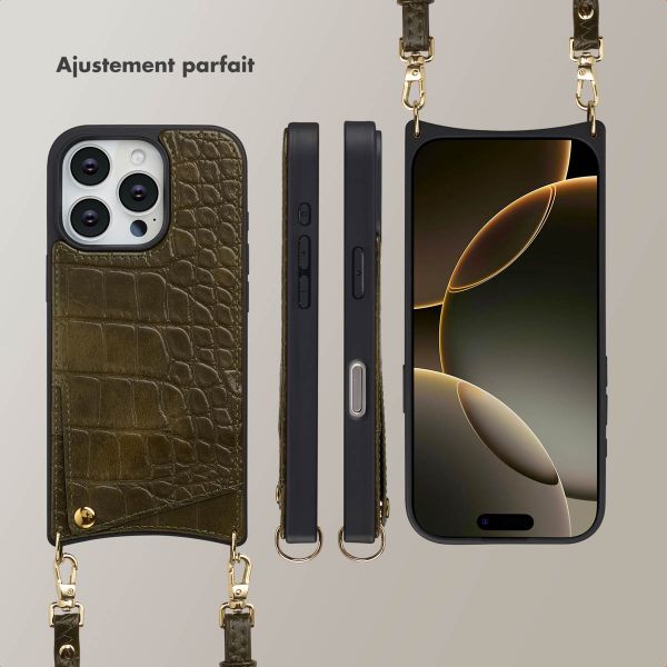 Selencia Coque de télephone Nova Croco avec cordon et porte-cartes Apple iPhone 16 Pro - Dark Olive