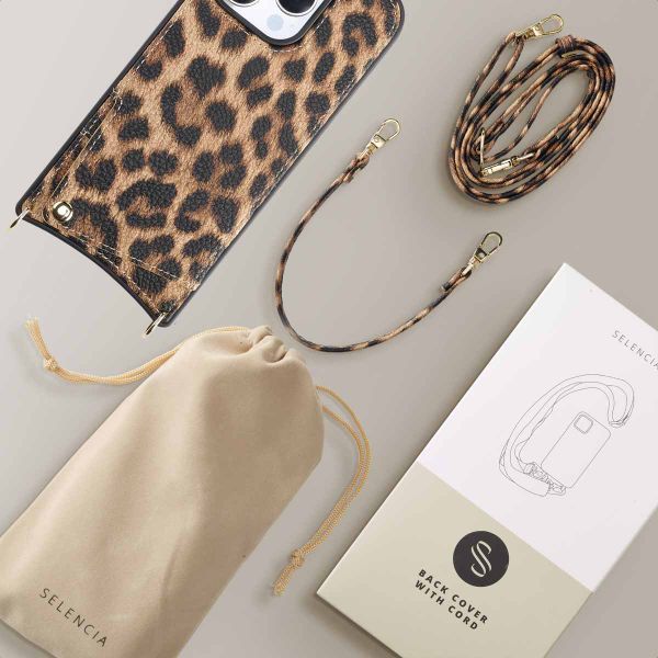 Selencia Coque arrière avec cordon et porte-cartes Nova iPhone 16 Pro - Leopard