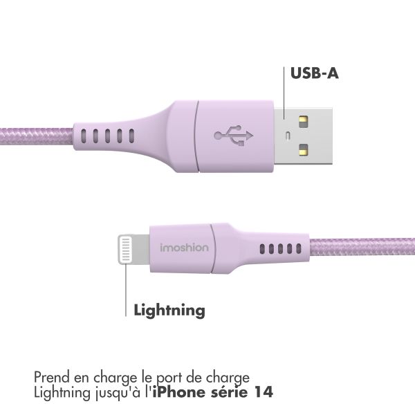 imoshion ﻿Câble Lightning vers USB - Non MFi - Textile tressé - 2 mètre - Lilas