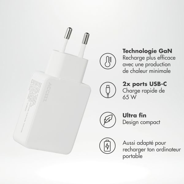Accezz Chargeur GaN Ultra Slim - 2x USB-C - 65 W - Blanc