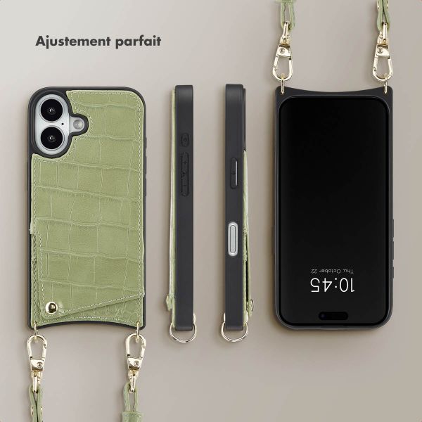 Selencia Coque Croco avec cordon et porte-cartes Nova iPhone 16 - Sage Green