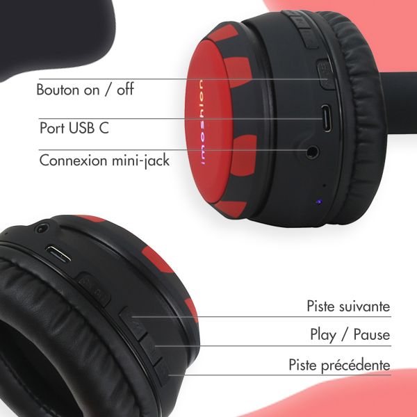 imoshion Casque sans fil pour enfants Dino LED Light - Limiteur de décibels - Avec câble AUX - Black / Red