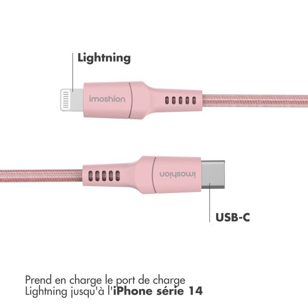 imoshion ﻿Câble Lightning vers USB-C - Non MFi - Textile tressé - 2 mètre - Rose