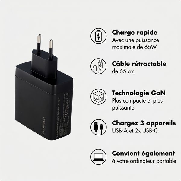 imoshion Chargeur GaN avec câble USB-C rétractable 65W - USB-A + USB-C - Noir