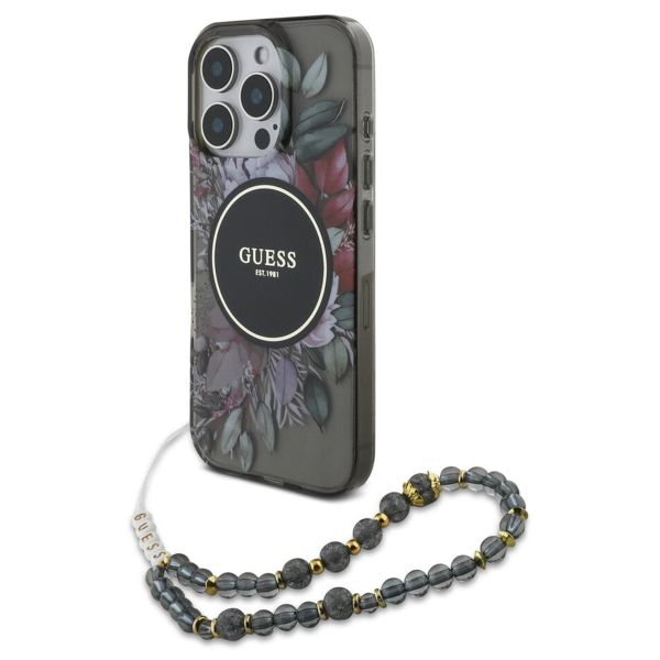 Guess MagSafe IML Flowers Case avec beads strap iPhone 15 Pro Max - Black