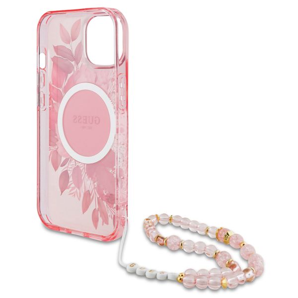 Guess MagSafe IML Flowers Case avec beads strap iPhone 15 - Pink