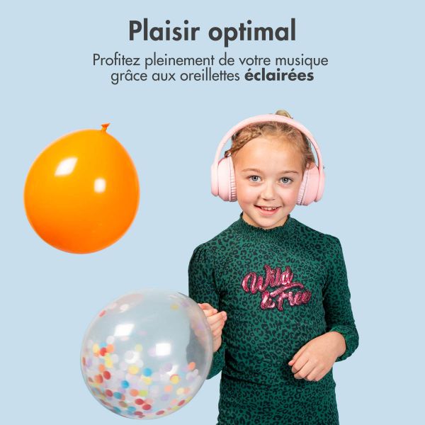 imoshion Casque sans fil pour enfants LED Light - Limiteur de décibels - Avec câble AUX - Rose