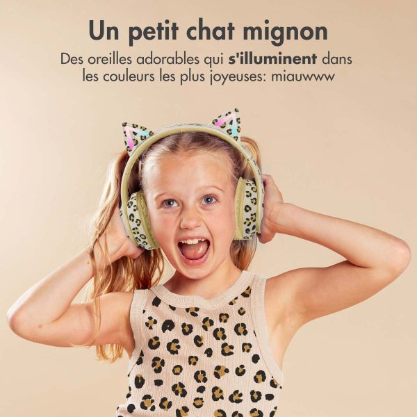 imoshion Casque pour enfants - Édition Spéciale - Bluetooth LED oreilles de chat - Casque sans fil + Câble AUX - Léopard