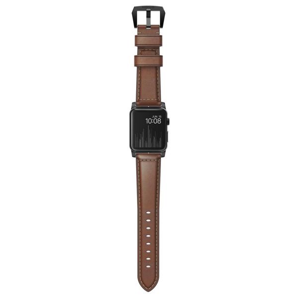 Nomad Bracelet en cuir traditionnel Apple Watch Series 1 á 10 / SE / Ultra (2) (44/45/46/49 mm) - Marron/Noir