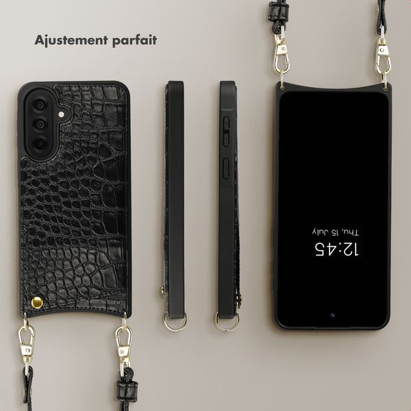 Selencia Coque de télephone Nova Croco avec cordon et porte-cartes Samsung Galaxy A37 (5G) - Noir