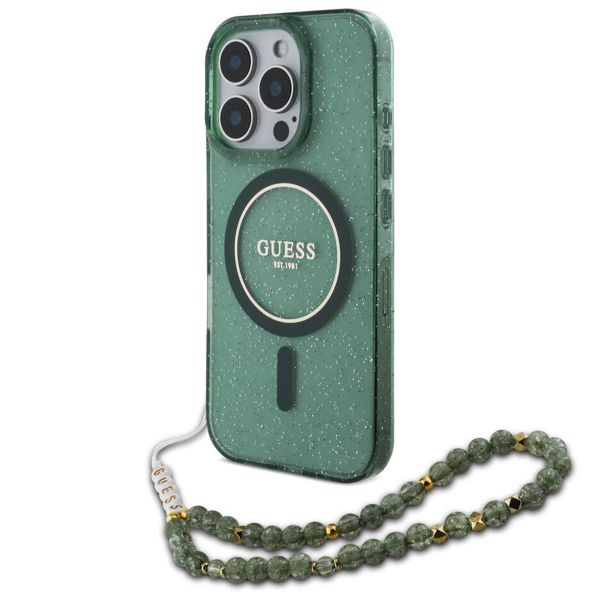 Guess MagSafe IML Glitter Case avec beads strap iPhone 16 Pro - Green