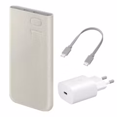 Samsung Ensemble Batterie Externe Officiel | Samsung Galaxy Batterie Externe 10.000 mAh - 2x USB-C - Beige + Adaptateur USB-C Samsung 25 Watts - Blanc