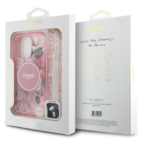 Guess MagSafe IML Flowers Case avec beads strap Apple iPhone 16 Pro Max - Pink
