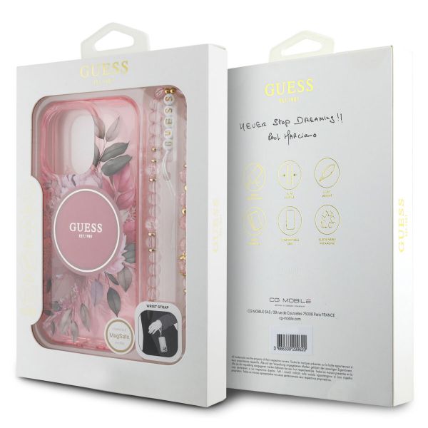 Guess MagSafe IML Flowers Case avec beads strap iPhone 16 Pro Max - Pink