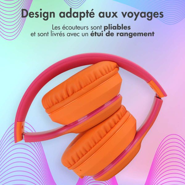 imoshion Casque sans fil pour enfants LED Light - Limiteur de décibels - Avec câble AUX - Hot Pink / Apricot Orange Crush