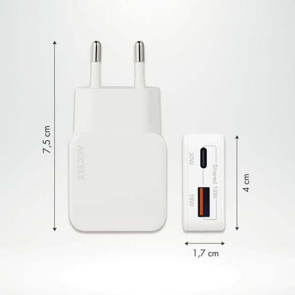 Accezz Chargeur GaN Ultra Slim - USB-C + USB-A - 30 W - Blanc