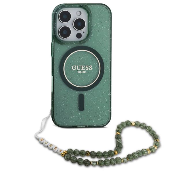 Guess MagSafe IML Glitter Case avec beads strap iPhone 16 Pro - Green