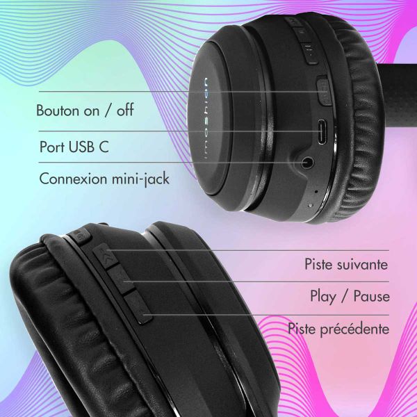 imoshion Casque sans fil pour enfants LED Light Cat Ear - Limiteur de décibels - Avec câble AUX - Noir