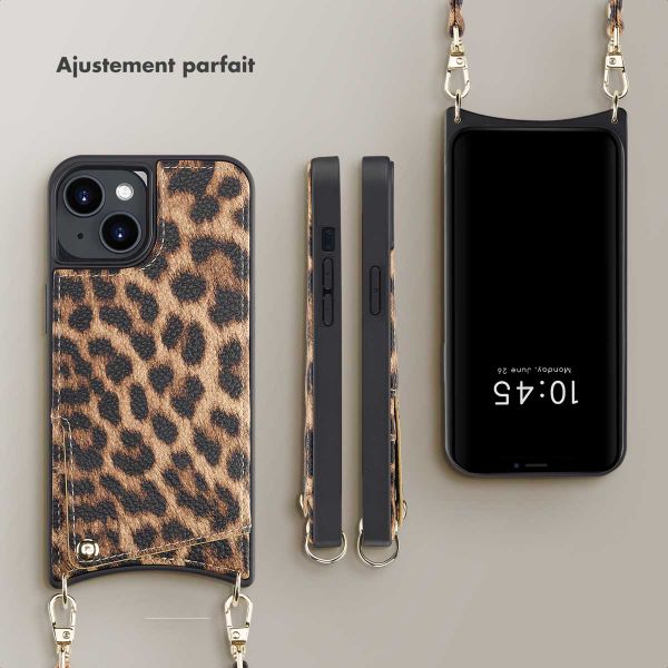 Selencia Coque arrière avec cordon et porte-cartes Nova iPhone 14 - Leopard