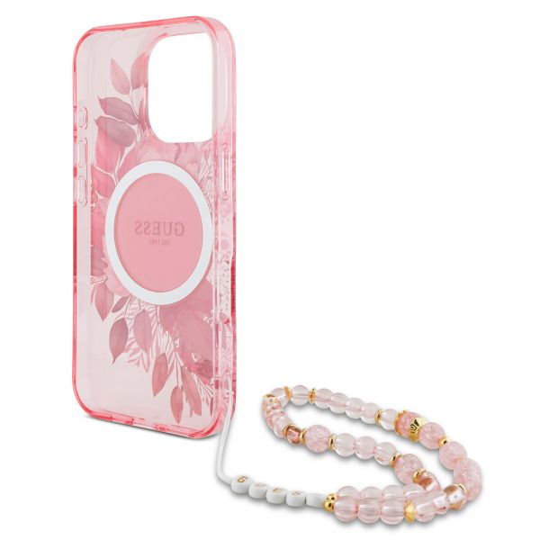 Guess MagSafe IML Flowers Case avec beads strap iPhone 16 Pro Max - Pink