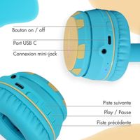 imoshion Casque sans fil pour enfants Unicorn LED Light - Limiteur de décibels - Avec câble AUX - Soft Blue / Yellow