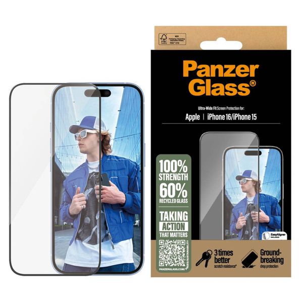 PanzerGlass Protection d'écran Ultra-Wide Fit Anti-bactérienne iPhone 16