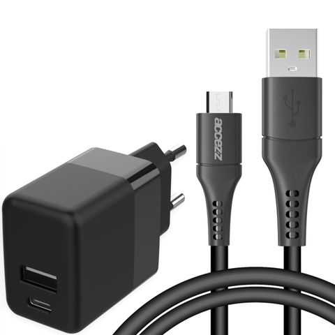 Accezz Chargeur Mural 20W + Câble Micro-USB vers USB - 1 mètre - Noir