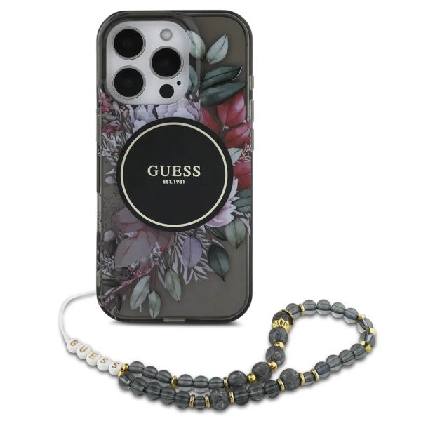 Guess MagSafe IML Flowers Case avec beads strap iPhone 15 - Black