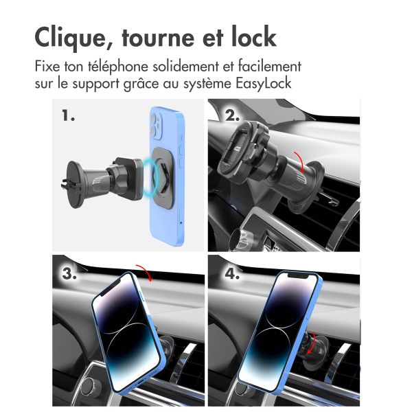 Accezz EasyLock Support de téléphone de voiture - Avec coque Apple iPhone 13 - Grille de ventilation - Rotation à 360 degrés - Noir