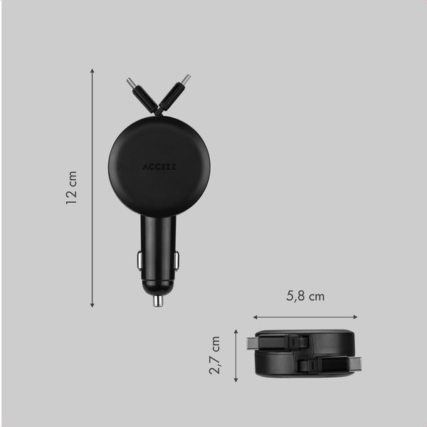 Accezz Chargeur voiture avec câbles rétractables – USB-C / USB-C – 60W – Noir