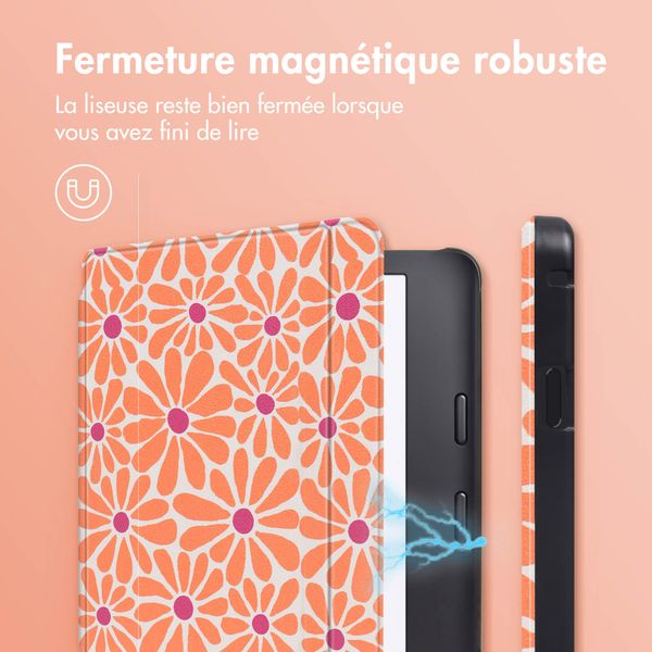 imoshion Design Slim Hard Sleepcover avec support Kobo Libra 2 / Tolino Vision 6 - Orange Flowers Connect
