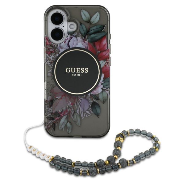 Guess MagSafe IML Flowers Case avec beads strap iPhone 16 - Black