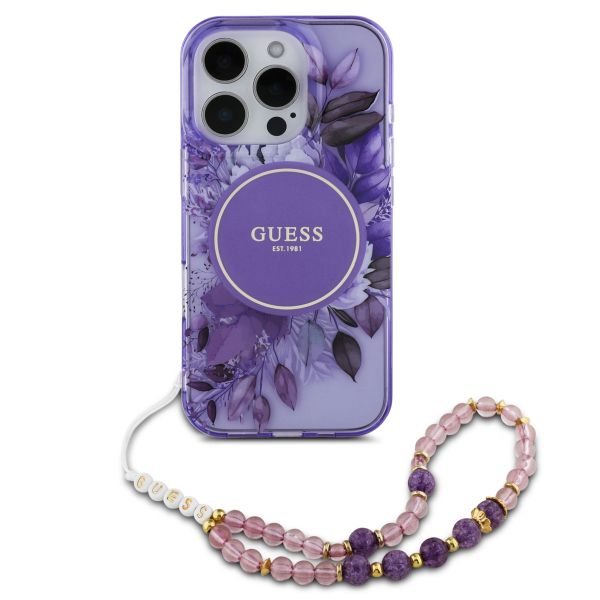 Guess MagSafe IML Flowers Case avec beads strap iPhone 15 Pro - Purple