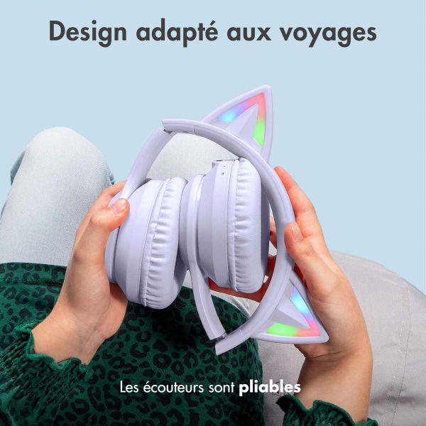 imoshion Casque sans fil pour enfants LED Light Cat Ear - Limiteur de décibels - Avec câble AUX - Lavender Lilac