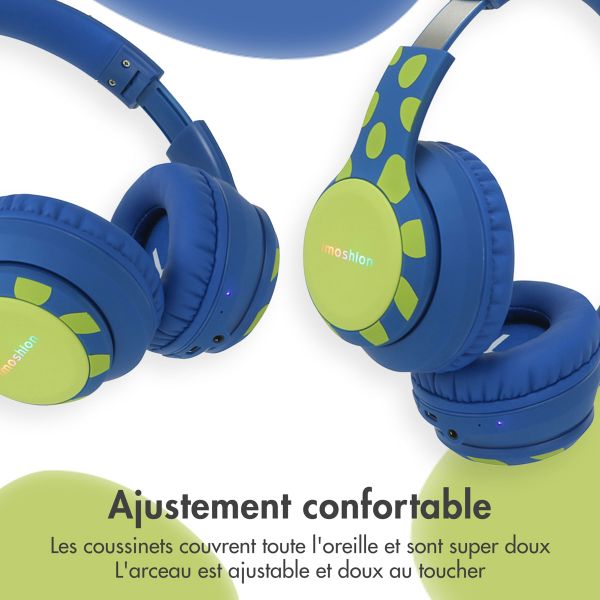 imoshion Casque sans fil pour enfants Dino LED Light - Limiteur de décibels - Avec câble AUX - Cobalt Blue / Lime