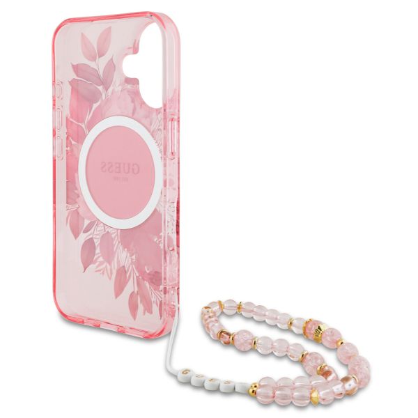 Guess MagSafe IML Flowers Case avec beads strap Apple iPhone 16 - Pink