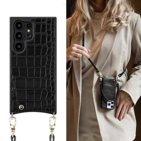 Selencia Coque de télephone Nova Croco avec cordon et porte-cartes Samsung Galaxy S24 Ultra - Noir