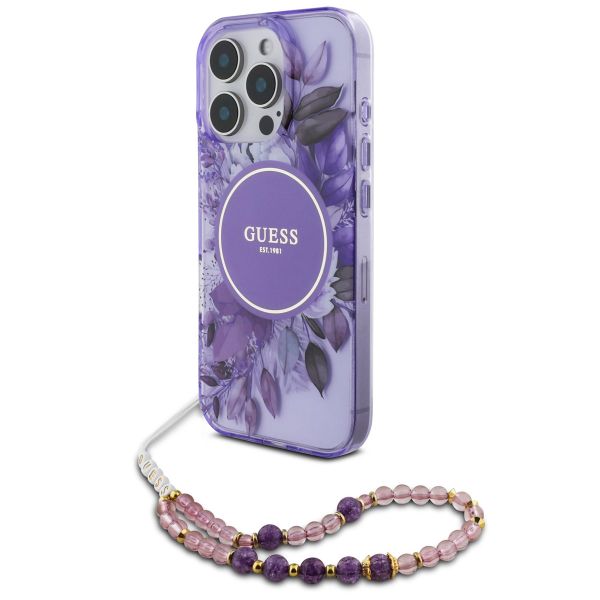Guess MagSafe IML Flowers Case avec beads strap Apple iPhone 16 Pro Max - Purple