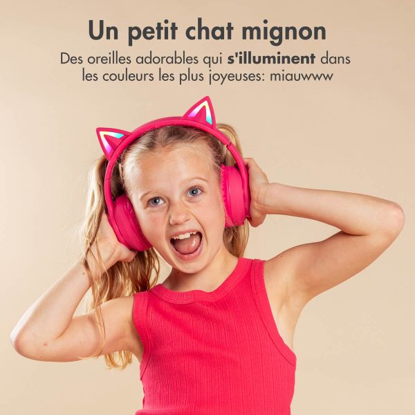 imoshion Casque sans fil pour enfants LED Light Cat Ear - Limiteur de décibels - Avec câble AUX - Hot Pink