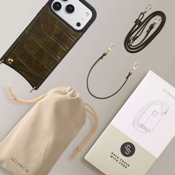 Selencia Coque de télephone Nova Croco avec cordon et porte-cartes Apple iPhone 17 Pro - Dark Olive