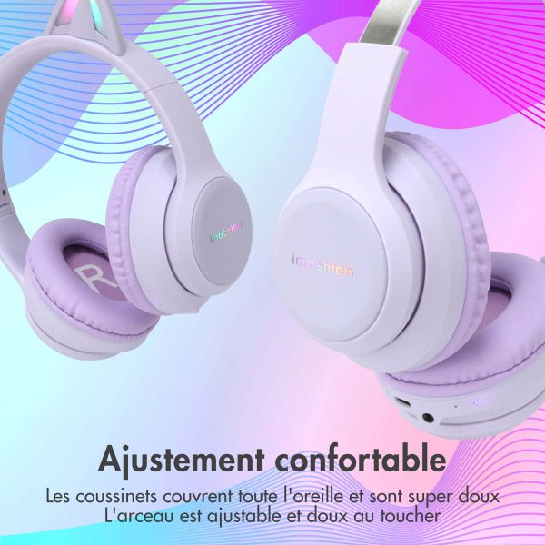 imoshion Casque sans fil pour enfants LED Light Cat Ear - Limiteur de décibels - Avec câble AUX - Lavender Lilac