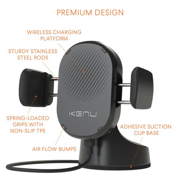 Kenu Airbase Wireless - Support de téléphone de voiture - Tableau de bord et pare-brise  - Chargeur sans fil - Noir