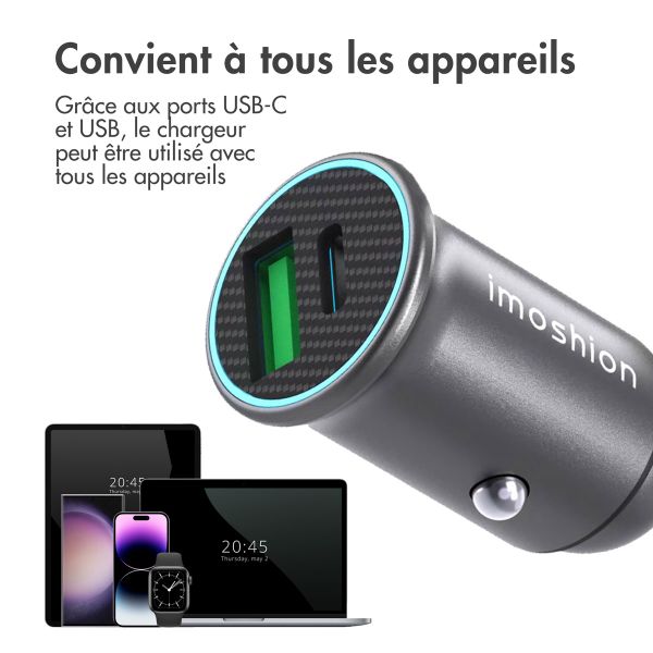imoshion Mini chargeur de voiture lot de charge rapide - 2 ports - USB-A Quick Charge - USB-C Power Delivery - 60 Watts - Noir + Câble USB-A vers USB-C tressé - 0,5 mètre - Noir