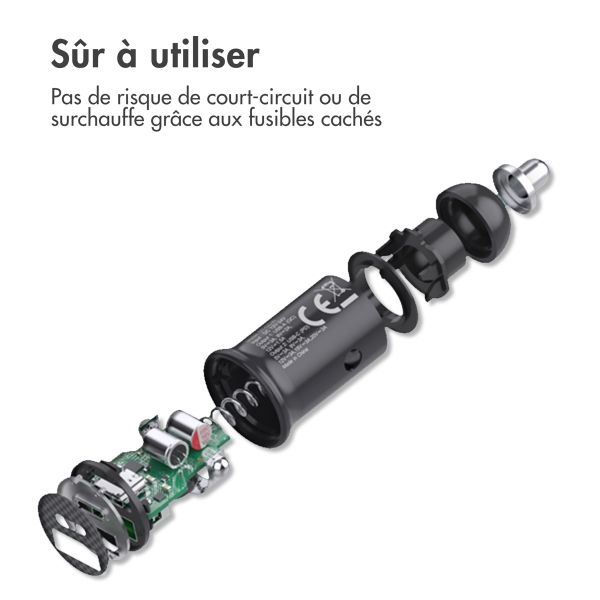 imoshion Mini chargeur de voiture lot de charge rapide - 2 ports - USB-A Quick Charge - USB-C Power Delivery - 60 Watts - Noir + Câble USB-A vers USB-C tressé - 0,5 mètre - Noir