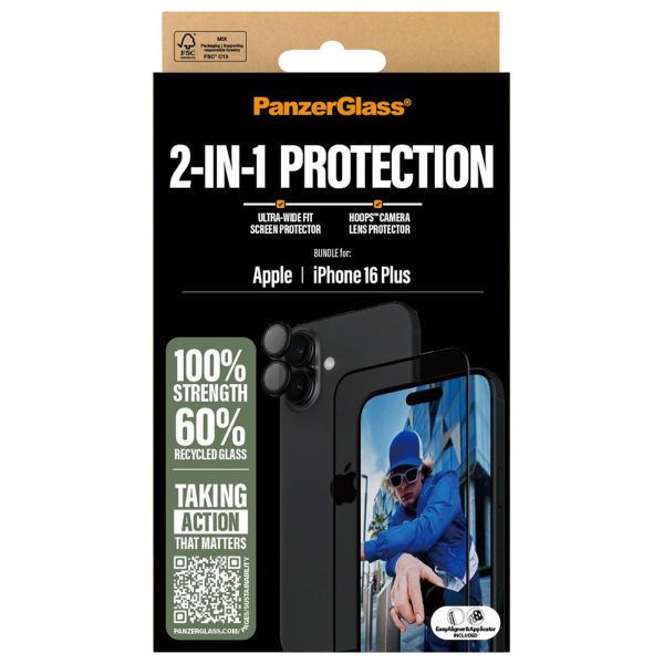 PanzerGlass ﻿Pack 2-en-1 - Protection d'écran antibactérienne Ultra-Wide Fit avec applicateur + Protection de caméra iPhone 16 Plus