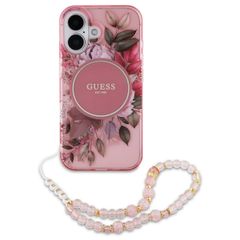 Guess MagSafe IML Flowers Case avec beads strap Apple iPhone 16 - Pink