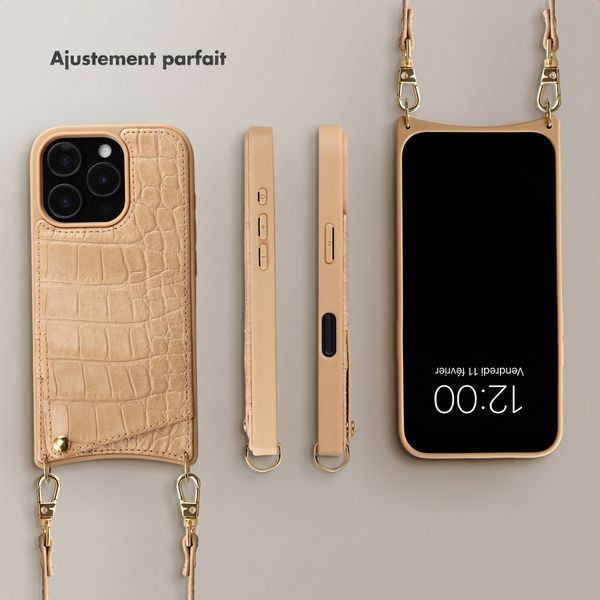 Selencia Coque de télephone Nova Croco avec cordon et porte-cartes Apple iPhone 16 Pro - Toasted Almond