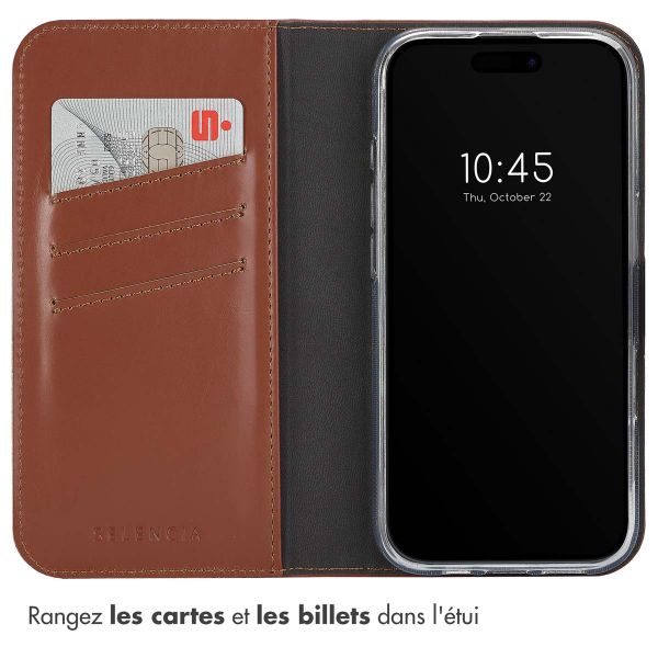 Selencia Étui de téléphone portefeuille en cuir véritable iPhone 16 Pro Max - Brun clair